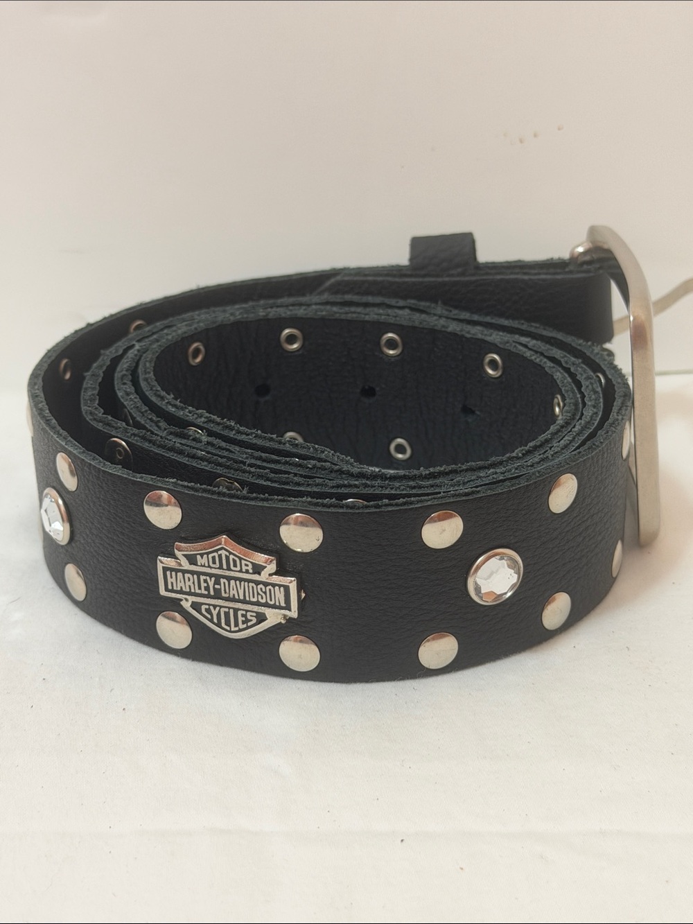 Harley-Davidson Black Leather Studded Belt with Crystals and Silver Logo Emblems